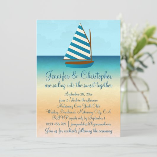 Blauwe en witte zeilboot bruiloft kaart (Staand voorkant)
