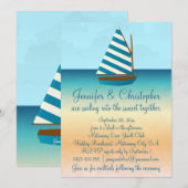 Blauwe en witte zeilboot bruiloft kaart (Voorkant / Achterkant)