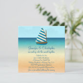 Blauwe en witte zeilboot bruiloft kaart (Staand voorkant)