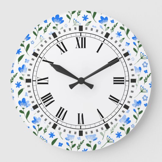 Blauwe en witte zomerbloemen Retro Kitchen Grote Klok (Voorkant)