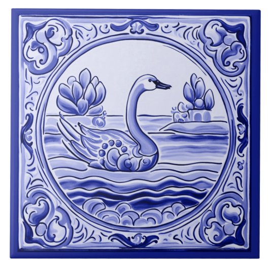 Blauwe en Witte Zwaan Gans Mediterrane Folk Art Tegeltje (Voorkant)