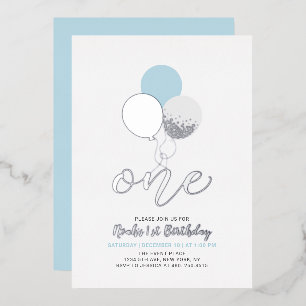Blauwe en zilveren ballonnen Een eerste jonge verj Folie Uitnodiging
