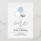 Blauwe en zilveren ballonnen Een eerste jonge verj Folie Uitnodiging (Voorkant)