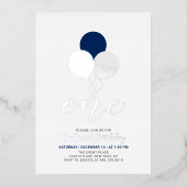 Blauwe en zilveren ballonnen Een eerste jonge verj Folie Uitnodiging (Voorkant)