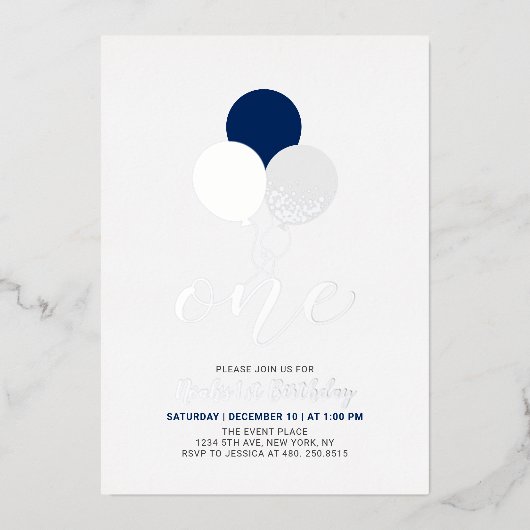 Blauwe en zilveren ballonnen Een eerste jonge verj Folie Uitnodiging (Voorkant)