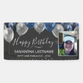 Blauwe en Zilveren Ballonnen Verjaardagsfeest Budg Spandoek (Horizontaal)