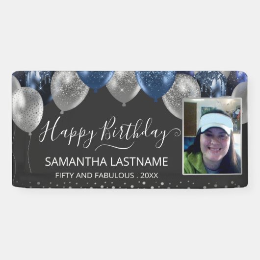 Blauwe en Zilveren Ballonnen Verjaardagsfeest Budg Spandoek (Horizontaal)