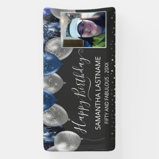 Blauwe en Zilveren Ballonnen Verjaardagsfeest Budg Spandoek (Verticaal)