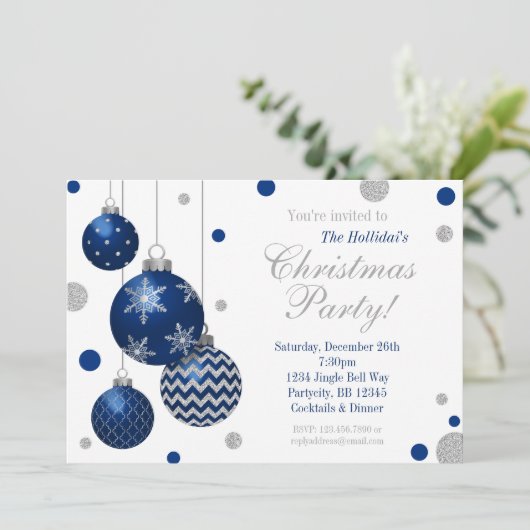 Blauwe en zilveren Baubles - Uitnodiging voor Kers (Staand voorkant)