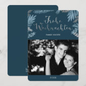 Blauwe en zilveren bladeren Foto van Frohe Weihnac Feestdagenkaart (Voorkant / Achterkant)