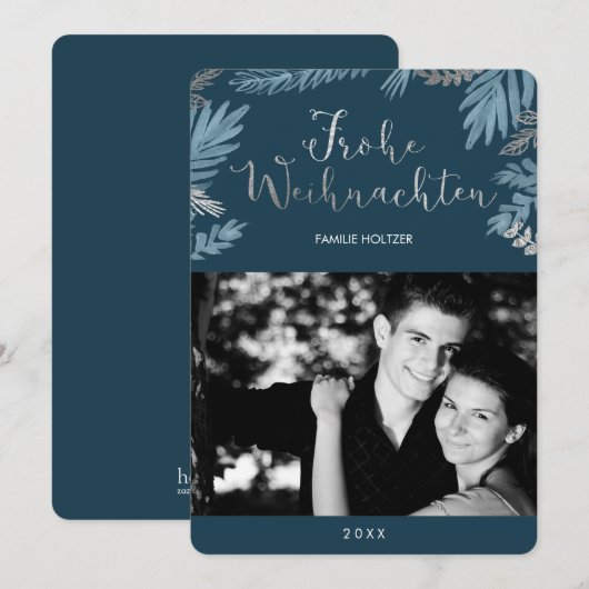Blauwe en zilveren bladeren Foto van Frohe Weihnac Feestdagenkaart (Voorkant / Achterkant)