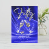 Blauwe en zilveren champagneglazen 50ste verjaarda kaart (Staand voorkant)