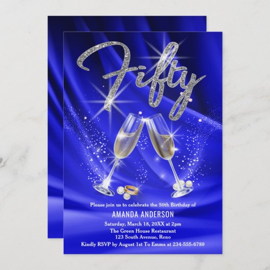 Blauwe en zilveren champagneglazen 50ste verjaarda kaart (Voorkant / Achterkant)