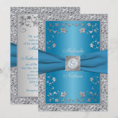 Blauwe en Zilveren Folie Monogram Bruiloft Uitnodi Kaart (Voorkant / Achterkant)