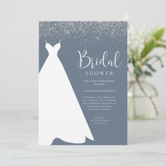 Blauwe en Zilveren Glitter Bridal Shower Uitnodigi Kaart (Staand voorkant)