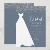 Blauwe en Zilveren Glitter Bridal Shower Uitnodigi Kaart (Voorkant / Achterkant)