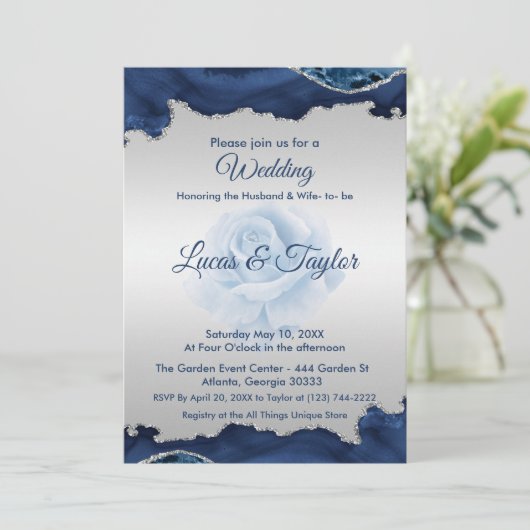 Blauwe en Zilveren Huwelijksuitnodiging Kaart (Staand voorkant)