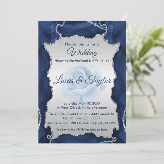 Blauwe en Zilveren Huwelijksuitnodiging Kaart (Staand voorkant)