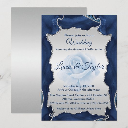 Blauwe en Zilveren Huwelijksuitnodiging Kaart (Voorkant / Achterkant)