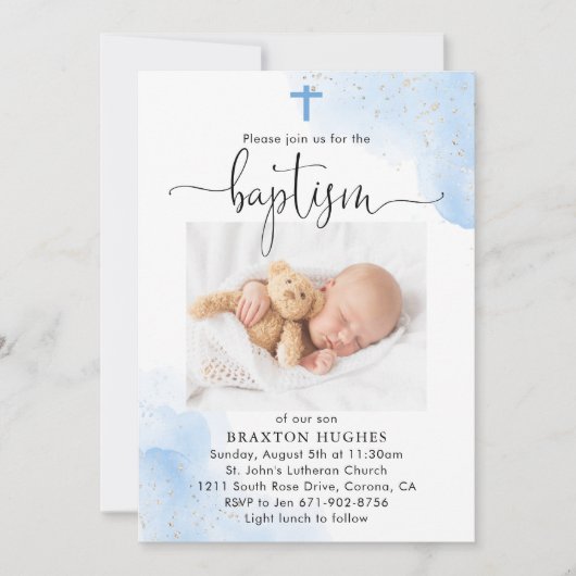 Blauwe en Zilveren Jongen Doop Toewijding Kaart (Voorkant)