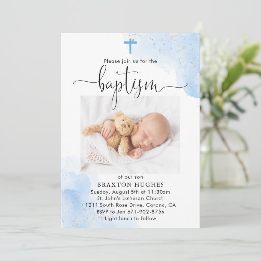 Blauwe en Zilveren Jongen Doop Toewijding Kaart (Staand voorkant)