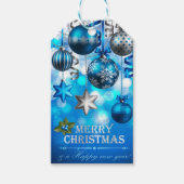 Blauwe en zilveren kerstballen, snoepriet, sterren cadeaulabel (Voorkant)