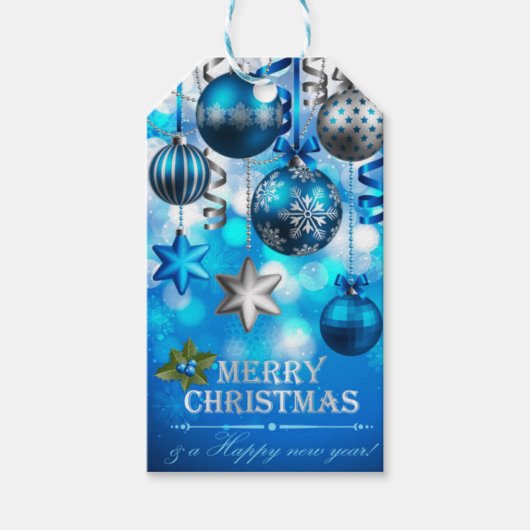 Blauwe en zilveren kerstballen, snoepriet, sterren cadeaulabel (Voorkant)