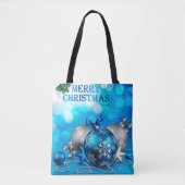 Blauwe en zilveren kerstballen, snoepriet, sterren tote bag (Voorkant)