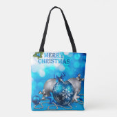 Blauwe en zilveren kerstballen, snoepriet, sterren tote bag (Achterkant)