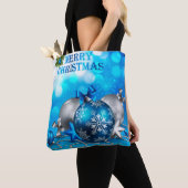 Blauwe en zilveren kerstballen, snoepriet, sterren tote bag (Dichtbij)