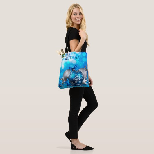 Blauwe en zilveren kerstballen, snoepriet, sterren tote bag (Op model)