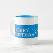 Blauwe en zilveren kerstballen, snoepriet, sterren tweekleurige koffiemok (Voorkant links)