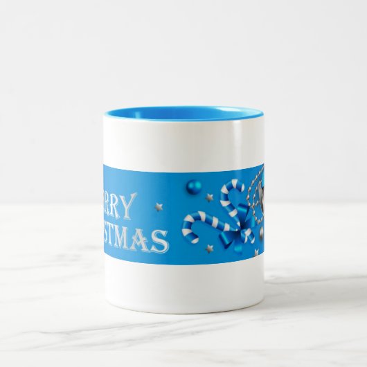 Blauwe en zilveren kerstballen, snoepriet, sterren tweekleurige koffiemok (Center)