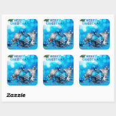 Blauwe en zilveren kerstballen, snoepriet, sterren vierkante sticker (Vel)