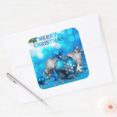 Blauwe en zilveren kerstballen, snoepriet, sterren vierkante sticker (Envelop)