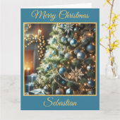 Blauwe en zilveren kerstboom kaart (Gele Bloem)