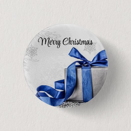 Blauwe en zilveren kerstcadeautjes ronde button 3,2 cm (Voorkant)