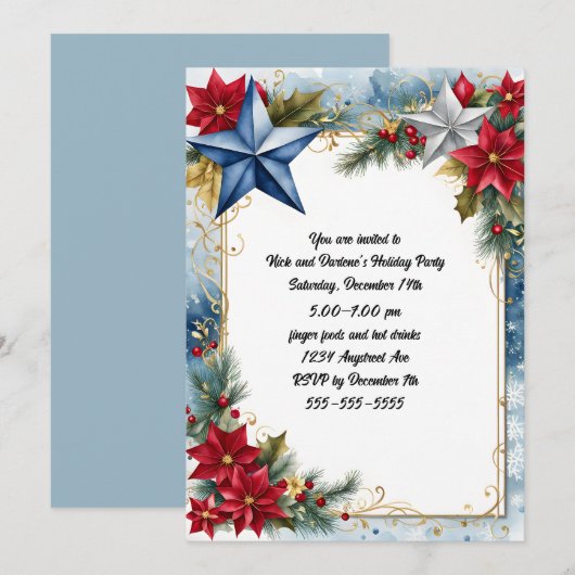 Blauwe en zilveren kerststerren kaart (Voorkant / Achterkant)