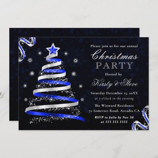 Blauwe en zilveren lint kerstfeest kaart (Voorkant / Achterkant)