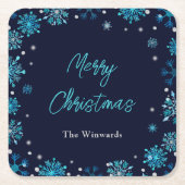 Blauwe en zilveren sneeuwvlokken kerstfeest kartonnen onderzetters (Voorkant)