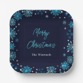 Blauwe en zilveren sneeuwvlokken kerstfeest papieren bordje (Voorkant)