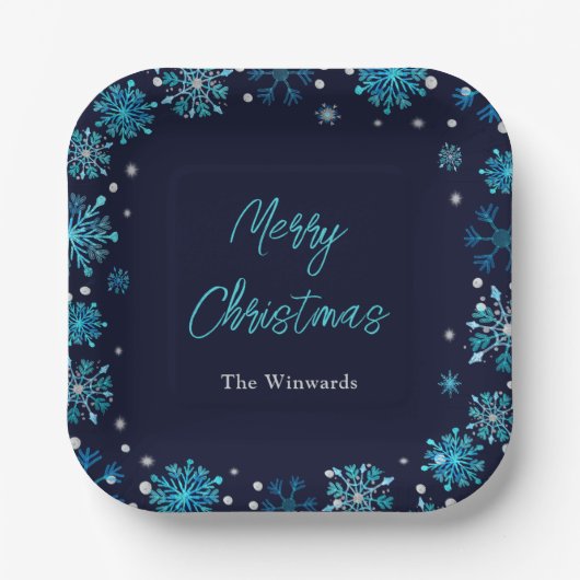 Blauwe en zilveren sneeuwvlokken kerstfeest papieren bordje