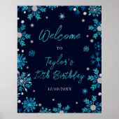 Blauwe en Zilveren Sneeuwvlokken Verjaardagsfeest  Poster (Voorkant)
