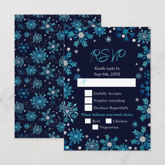 Blauwe en Zilveren Sneeuwvlokken Winter Maaltijd K RSVP Kaartje (Voorkant / Achterkant)