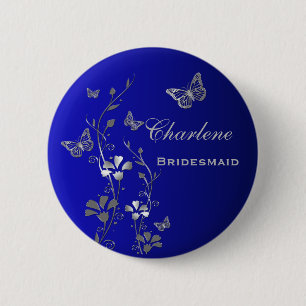 Blauwe en Zilveren Vlinder Bloemen Bruidsmeisje Pi Ronde Button 5,7 Cm