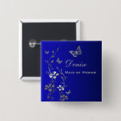 Blauwe en Zilveren Vlinder Bloemen MOH Pin Vierkante Button 5,1 Cm (Voorkant /achterkant)