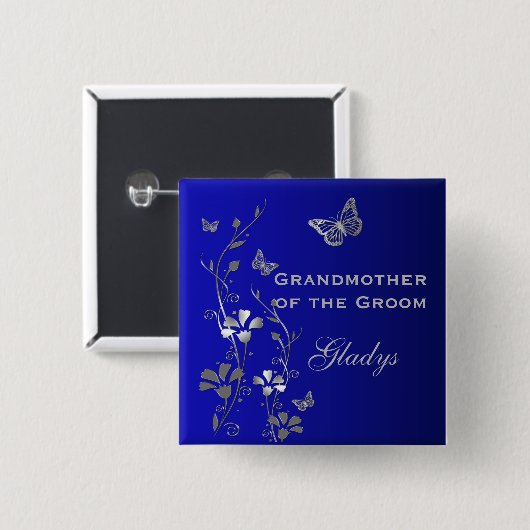 Blauwe en zilveren vlinderbloemigen vierkante button 5,1 cm (Voorkant /achterkant)