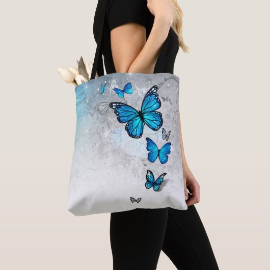 Blauwe en Zilveren Waterverf Vlinders Tote Bag (Dichtbij)