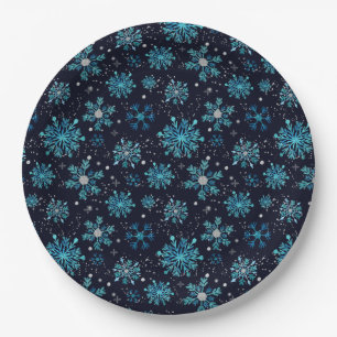 Blauwe en Zilveren Winter Sneeuwvlokken Papieren Bordje