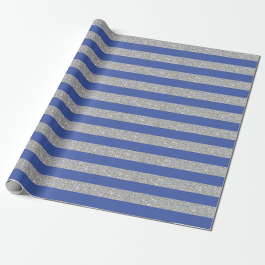 Blauwe en zilverglitterstripes cadeaupapier (Uitgerold)